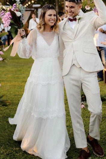 Vestido para boda de tul hasta el suelo, cola capilla, corte A, manga larga, modesto, etéreo, vestido de novia, vestido para formal